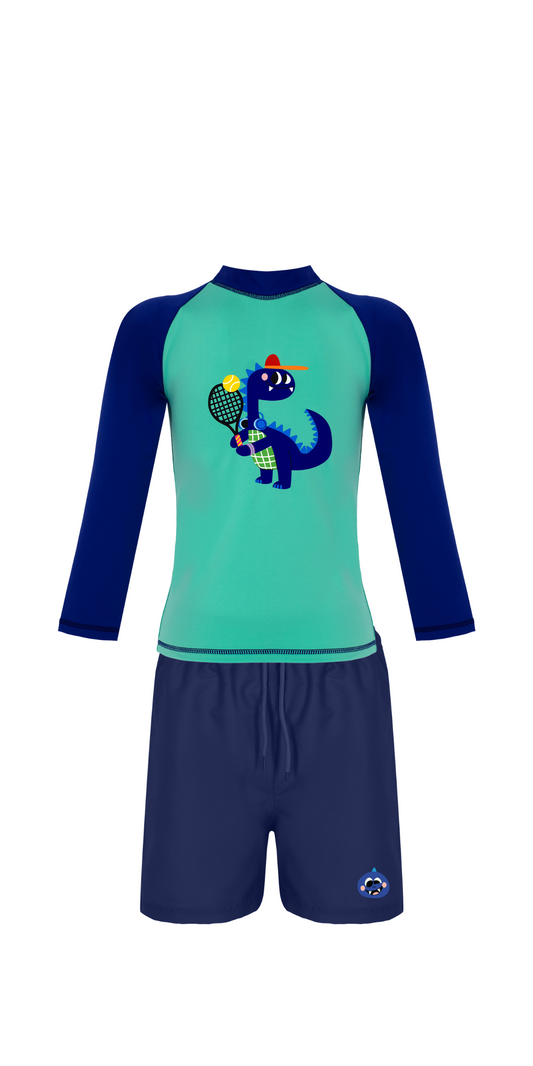 D-Rex Temalı Set | Uzun Kollu Üst | Lacivert Şort Mayo | UPF 50+ | Geri Dönüştürülmüş Kumaş