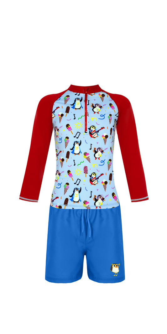 Tappy Temalı Set | Uzun Kollu Üst | Turkuaz Şort Mayo | UPF 50+ | Geri Dönüştürülmüş Kumaş