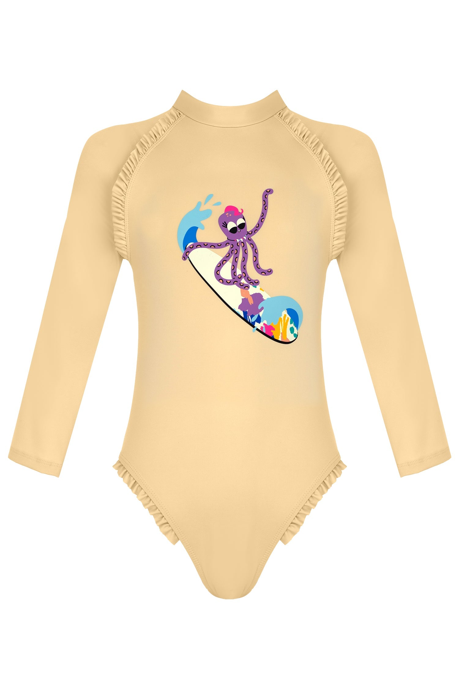 Beige Long Sleeve One Piece Swimsuit with Back Zipper for babies & girls & UPF 50+ | Recycled Fabric
