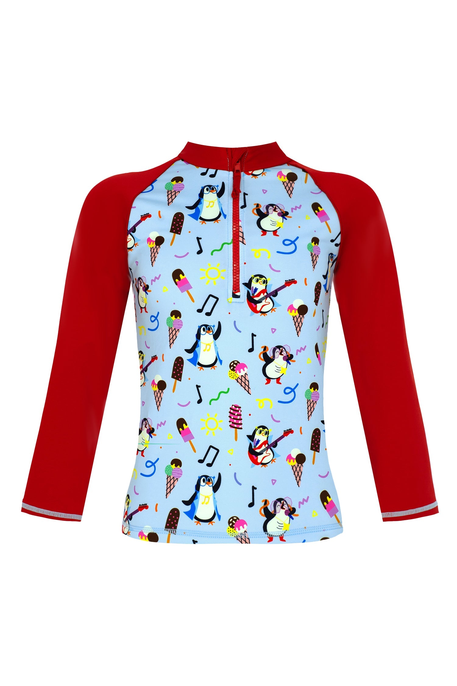 Penguin Print Long Sleeve Rashguard with Front Zipper & UPF 50+ & Recycled Fabric